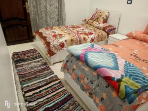 een kamer met 2 bedden, een stoel en een tapijt bij Beit Ester in Aswan