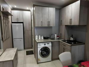a kitchen with a washing machine and a washer at Glass House Bakuriani in Bakuriani