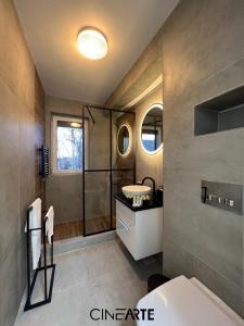 a bathroom with a sink and a shower at CineArte Residence in Caransebeş