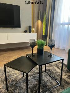 a living room with two wine glasses and a tv at CineArte Residence in Caransebeş +16 photos