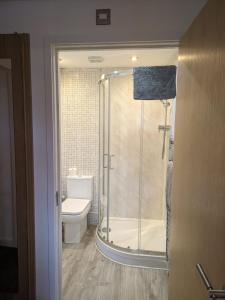 a bathroom with a toilet and a glass shower at The garden apartment in St Ives