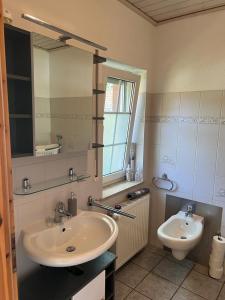 uma casa de banho com um lavatório, um espelho e um WC. em Schicke Ferienwohnung im Wendland 