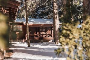 a log cabin with a picnic table in the snow at Villas Jagoda & Malina in Borovets