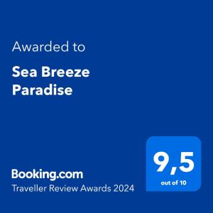 Πιστοποιητικό, βραβείο, πινακίδα ή έγγραφο που προβάλλεται στο Sea Breeze Paradise