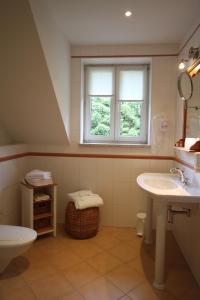 ein Bad mit einem Waschbecken, einem WC und einem Fenster in der Unterkunft Appartementhaus am Fichtelberg in Kurort Oberwiesenthal