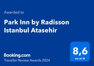 Ett certifikat, pris eller annat dokument som visas upp på Park Inn by Radisson Istanbul Atasehir
