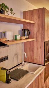 a kitchen with a sink with a mop on a counter at Family TreeZ Premium Apartments in Poiana Brasov