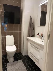 uma casa de banho com um WC e um lavatório em Modern skyscraper apartment by metro and sea Helsinki em Helsinque