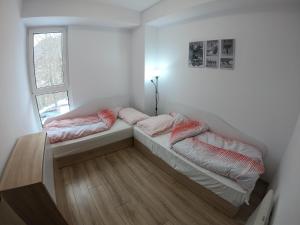2 camas en una habitación pequeña con ventana en Murphy's Apartment en Mavrovo
