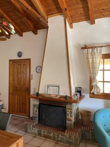a living room with a fireplace and a wooden ceiling at Divas Gartenhaus in Vasilítsion