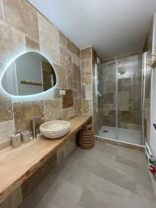 La salle de bains est pourvue d'un lavabo et d'une douche. dans l'établissement Le Charmeur * * *, à Aurillac