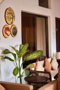 a living room with a couch and a plant at The Flying Squirrel Bandhavgarh in Umariā