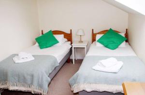 2 camas individuais num quarto com almofadas verdes em Middledown em Alton