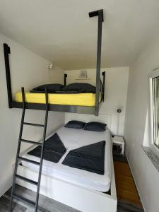 2 Etagenbetten in einem kleinen Zimmer mit einer Leiter in der Unterkunft Hiška na hribu in Ankaran