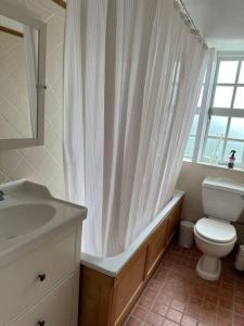 een badkamer met een toilet en een douchegordijn bij The Hidden Cottage in Londen