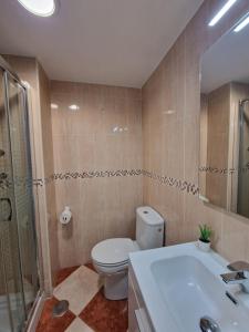 a bathroom with a toilet and a shower and a sink at G&G Benalbeach Sea Views in Benalmádena +11 photos