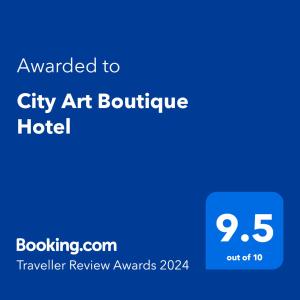 Сертификат, награда, табела или друг документ на показ в Сити Арт Бутик Хотел