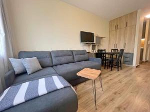 a living room with a couch and a table at Arboro Borovets Gardens E50 in Borovets