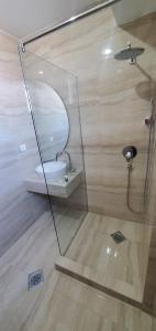 a bathroom with a toilet in a glass enclosure at Struga Riverview Hotel in Struga