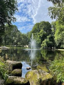 une fontaine au milieu d'un étang avec des rochers dans l'établissement Luxurious apartment by Royal palace, à Oslo