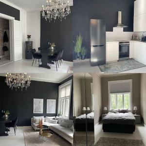 eine Collage mit Fotos von einem Wohnzimmer und einer Küche in der Unterkunft Luxurious apartment by Royal palace in Oslo