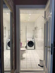 ein Badezimmer mit einer Waschmaschine und einem WC in der Unterkunft Luxurious apartment by Royal palace in Oslo