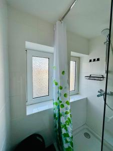 een badkamer met een douche en een douchegordijn bij Urban Green Appartement Hagen in Hagen
