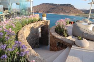 a garden with purple flowers next to the water at Panormos Village Hotel in Mykonos