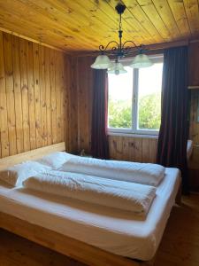 a large bed in a wooden room with a window at Refugium Augustin in Vienna