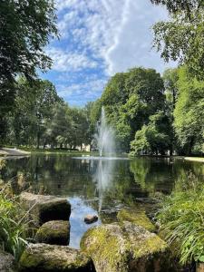 a fountain in the middle of a pond with rocks at Cozy room by Royal Palace in Oslo