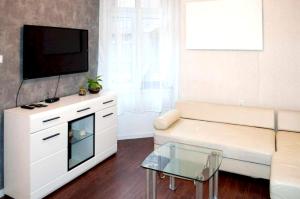 ein Wohnzimmer mit einem Sofa und einem Flachbild-TV in der Unterkunft Apartament Moniuszki Starówka Bytom 40m2 in Bytom