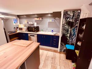 cocina con armarios azules, fregadero y nevera en Le Camille charming with Garden 5 min CHU, en Poitiers