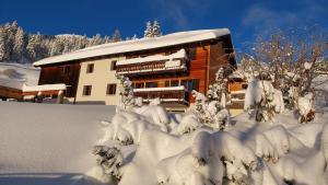 ein schneebedecktes Gebäude mit schneebedeckten Bäumen in der Unterkunft Tgantieni Sot - Apartment mit Herz in Lenzerheide