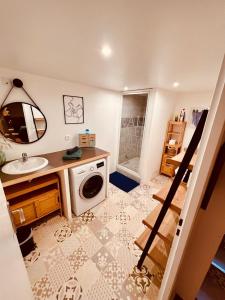 uma casa de banho com um lavatório e uma máquina de lavar roupa em Le Camille charming with Garden 5 min CHU em Poitiers