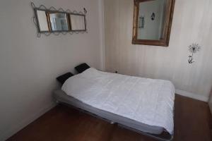 a small bedroom with a bed with a mirror at Calme, proche de Paris/ parc des princes in Boulogne-Billancourt