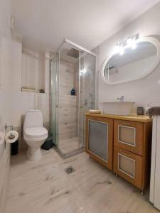 a bathroom with a shower and a toilet and a sink at CITY CENTER APARTMENT in Sparta