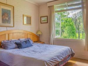 Un dormitorio con una cama con almohadas azules y una ventana en Ondini Cottage, en Drakensberg Garden