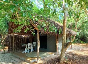 Cabaña pequeña con mesa y sillas frente a ella en Bamba Kofi Beach Lodge, en Watamu
