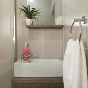 een badkamer met een wastafel en een witte handdoek bij Emerald Boutique Guesthouse in Queenstown
