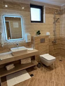 a bathroom with a sink and a toilet and a mirror at Стоичковата къща гр. Стрелча in Strelcha