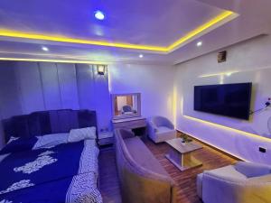 a living room with a bed and a couch and a tv at Vim 2-BR-Apt With Fast Unlimited Internet & 24HRS Power in Lagos