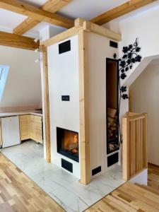 a living room with a fireplace in the wall at Apartament W Dolinie Modrzewi in Kamienna Góra