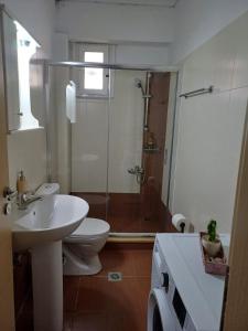a bathroom with a toilet and a shower and a sink at Sparta View Apartments Nefelis Boutique Γ2 in Sparti