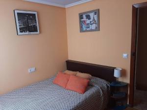 um quarto com uma cama com duas almofadas vermelhas em La Casa Céntrica Gijón em Gijón