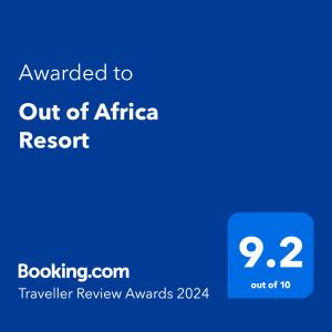 Certifikat, nagrada, logo ili neki drugi dokument izložen u objektu Out of Africa Resort