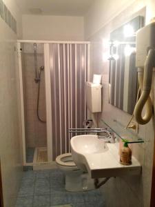 y baño con ducha, aseo y lavamanos. en HOTEL SARA en Turín