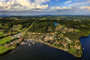 an aerial view of a resort on a lake at FerienVilla Nimori in Lipno nad Vltavou