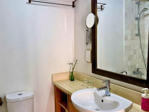 a bathroom with a sink and a toilet and a mirror at Evkarpos Country House in Psematismenos