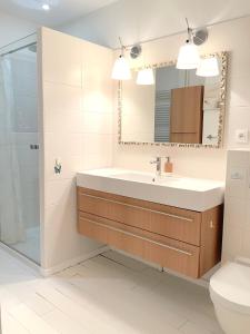 a bathroom with a sink and a shower at MAISON CENTRE VILLE AVEC JARDIN , TERRASSE, et GARAGE VELOS in La Rochelle