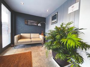 a living room with a couch and a plant at Modern Seaside Townhouse feat Sauna near Brighton in Shoreham-by-Sea